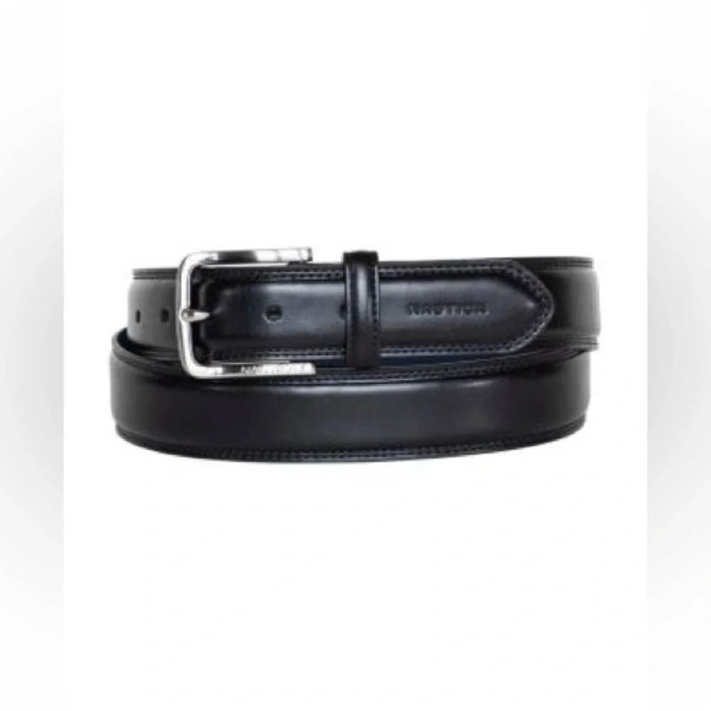 Nautica Men's Inlay Logo Signature Double Stitch Leather Belt- Size 40